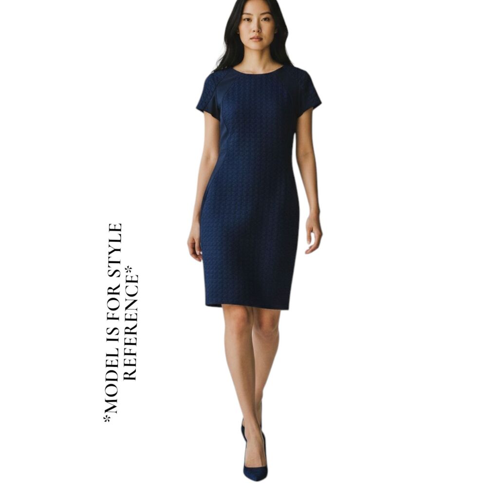 Sharagano Navy Blue Textured Sheath Size 6 - Form Fitting Zip Up Work Dress